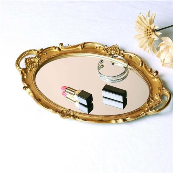 Zosenley Polyresin Ellipse Antique Decorative Mirror Tray, Makeup Organizer, - Picture 2 of 6